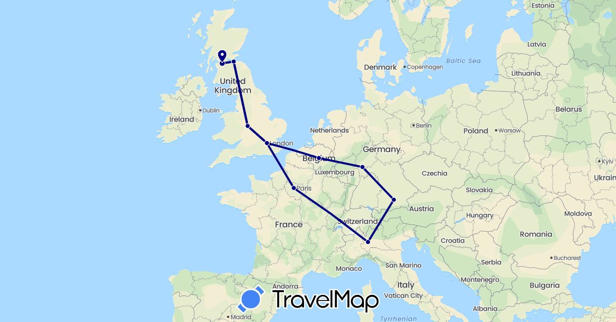 TravelMap itinerary: driving in Belgium, Germany, France, United Kingdom, Italy (Europe)